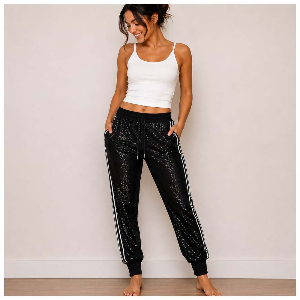 Forever 21 Black Shimmer Mesh Track Pants with Side Stripe Size S
